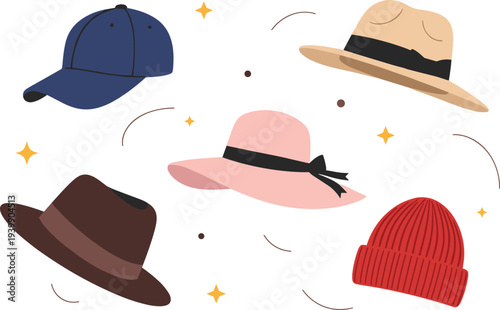 Large Collection of Fashion Headwear Icons Featuring Fedoras, Beanies, Berets, Baseball Caps, Sun Hats, and Cowboy Hats for Seasonal Apparel Design and Lifestyle Graphics