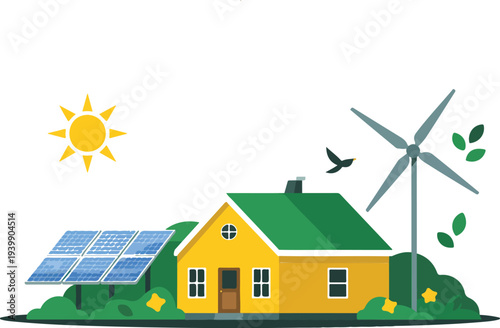 "Cartoon Eco-Friendly House with Solar Panel and Wind Turbine Under Bright Sun for Sustainable Living"