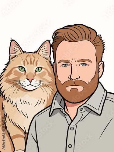 A man with a beard poses next to an orange cat in a digital art style, both set against a plain white background.