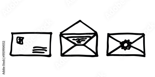 Set of hand drawn envelope with letter inside Mail and correspondence doodle Love, communication, invitation Single element for design, print, decor