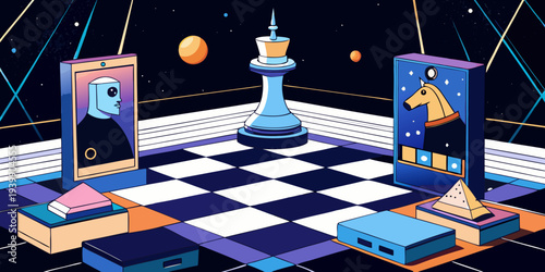 A surreal image of a chessboard with digital pieces, symbolizing strategic planning in a virtual world, dark and mysterious ambiance. Intriguing Optical Illusions. Illustration