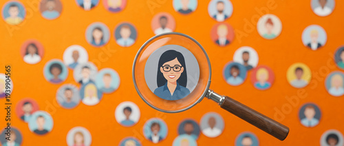 Magnifying Glass Focusing on a Female Avatar in a Crowd of People Icons.
