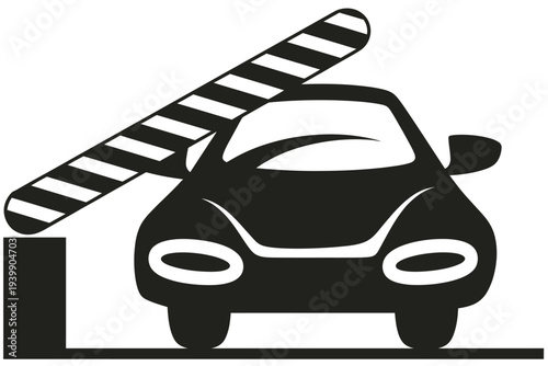 Black and white car stopped at a railway crossing with lowered barrier