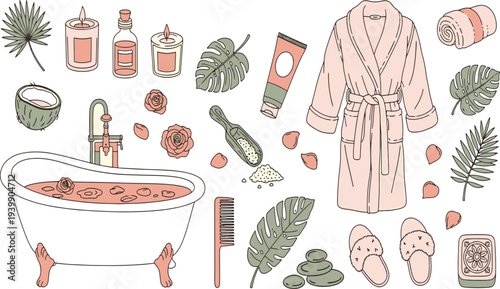 Self care spa day elements with bathtub bathrobe candles organic skincare products and tropical leaves hand drawn vector illustration doodle art
