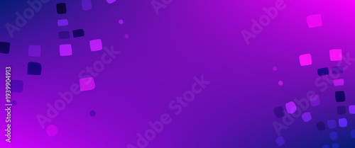 Vibrant Purple and Magenta Abstract Digital Pixel Background. A dynamic vector composition featuring scattered glowing square particles on a deep violet gradient. Perfect for gaming and tech headers.