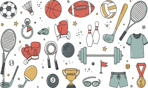 Comprehensive collection of sports equipment and fitness activity items for athletic training and healthy lifestyle hand drawn vector illustration doodle art