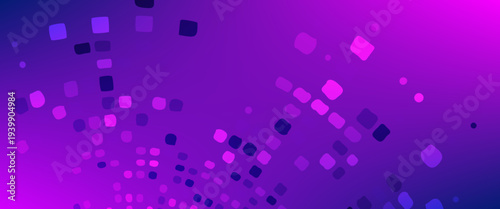 Vibrant Purple and Magenta Abstract Digital Pixel Background. A dynamic vector composition featuring scattered glowing square particles on a deep violet gradient. Perfect for gaming and tech headers.