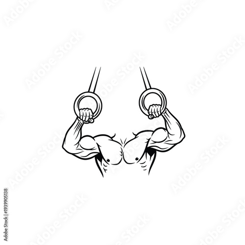 Muscular arms gripping gymnastic rings in strong flexed pose