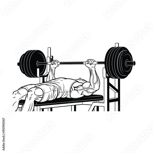 Muscular man lifting heavy weights on a bench press