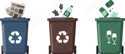 Recycling waste bins for paper plastic and glass waste management concept with sorting containers environmental sustainability illustration design