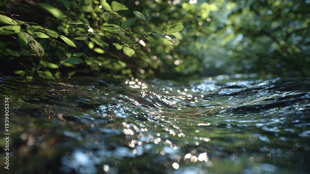 Fototapeta premium Macro shoot of clear forest stream water with sunlight sparkling