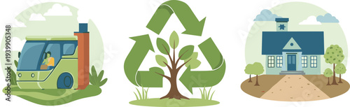 Sustainability and recycling concept with eco transportation green recycling symbol tree growth and environmental protection illustration set