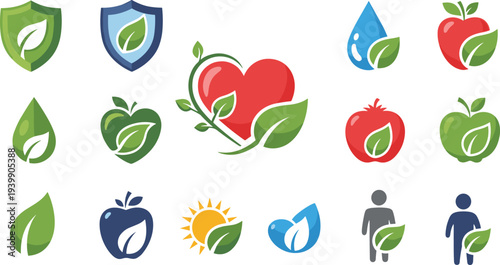 Eco health and organic lifestyle icons collection with leaves heart water fruit sun and protection symbols environmental wellness concept