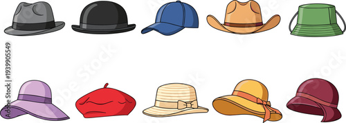 Vector Illustration Set of Fashion Hats and Headwear Icons Including Fedora, Beanie, Beret, Cowboy Hat, and Sun Hat for Apparel Design and Lifestyle Graphics