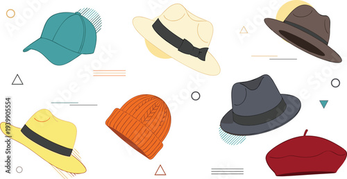 Collection of Modern Fashion Hats and Headwear Icons Including Fedora, Beanie, Beret, and Baseball Cap for Apparel Design, Retail, and Seasonal Style Illustrations