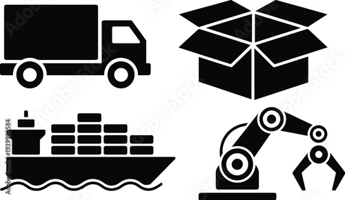 Black and white of truck box ship and robot shipping