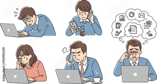 Stressed office workers dealing with deadlines multitasking phone calls and workload pressure workplace stress and productivity challenges illustration