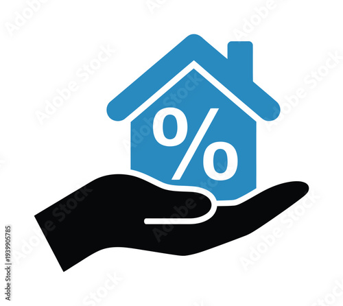 Hand holding a vector house icon with a percentage symbol on it
