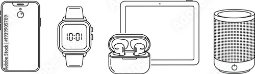 Smart devices line icons set including smartphone smartwatch tablet wireless earbuds and smart speaker modern technology outline illustration