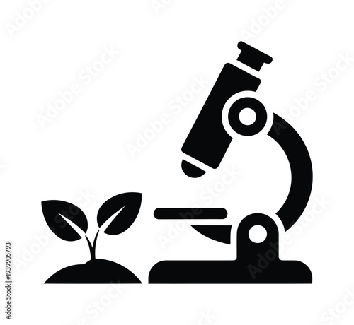 Vector of a microscope examining a small plant sprouting from soil.