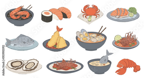 Set of seafood and japanese cuisine illustrations with sushi, grilled fish, lobster, prawns, and oyster on white background