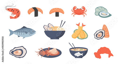 Set of Seafood and Japanese Cuisine Illustrations with Fish Shellfish and Sushi Icons