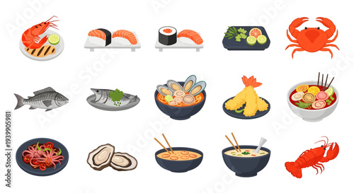 Set of seafood dishes and marine animals icons, including sushi, crab, lobster, fish, shrimp, oysters, and seafood soup isolated on white background.