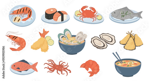 Collection of Seafood Icons and Delicious Fish Dishes Illustration Set