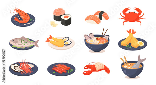 Seafood and Japanese Cuisine Vector Illustration Set with Sushi, Shrimp, Crab, and Fish
