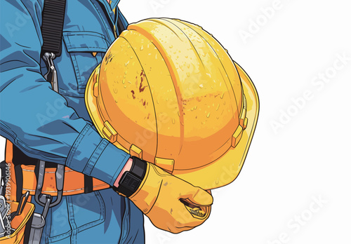 A worker grips a yellow hard hat with both hands. The person is dressed in safety gear at a construction site during the day.