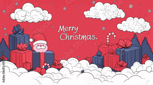 Santa stands next to colorful gifts and candy canes surrounded by clouds, celebrating Christmas in a bright setting.
