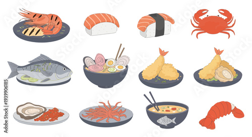 Japanese Seafood Cuisine Vector Set with Sushi Nigiri, Crab, Tempura, Grilled Shrimp, and Fish Soup Illustrations