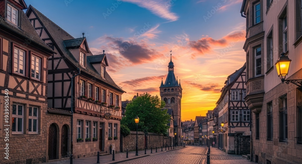 Fototapeta premium Quaint european street with half timbered houses at sunset