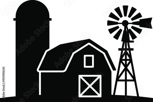 Black and white silhouette of a barn with a windmill and silo