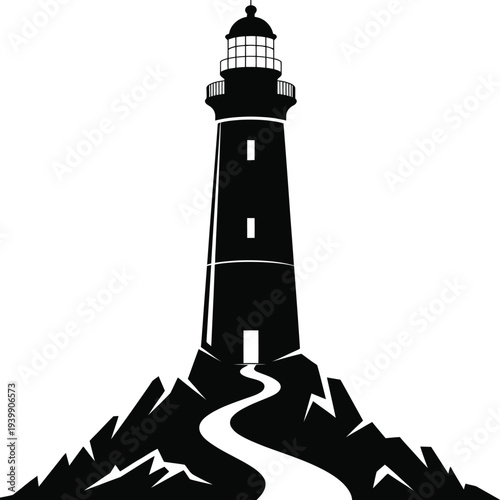 Black and white silhouette of a lighthouse on a rocky cliff