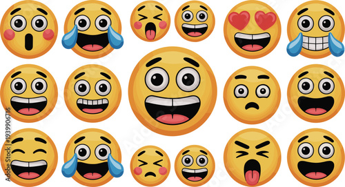 Funny emoji faces collection with happy laughing crying love shocked and silly expressions colorful emoticon reaction set illustration