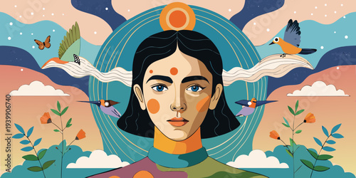 Abstract portrait with layered images of a woman and birds, creating a surreal and dreamlike effect. Dreamlike. Illustration