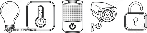 Smart home device line icons including light bulb thermostat speaker security camera and smart lock home automation set