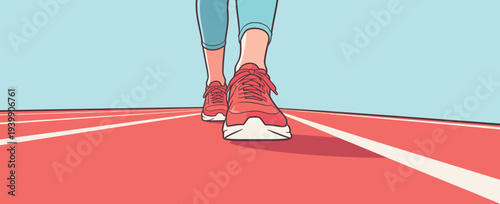 A person walks on a red running track. Bright blue sky is above. The focus is on their red shoes and legs in motion.