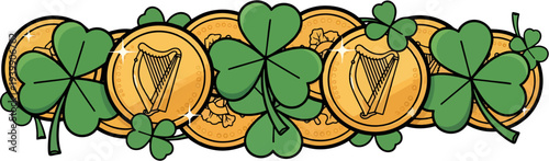 Lucky Golden Coins with Green Shamrock Leaf for Saint Patrick's Day