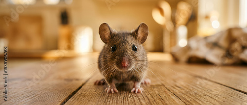 Small adorable brown mouse with big ears and tiny paws looking directly at camera.