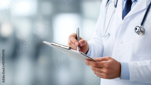 クリップボードのカルテに記入する医師の手元｜カルテ・問診・診断イメージ