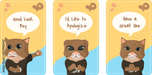 Greeting cards with cute cat character.  Cat character vector with speech bubble. Cat avatar wearing loose T-shit with fish bone motif.