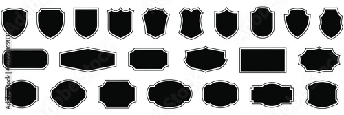20 black silhouette shield and plaque shapes in a row