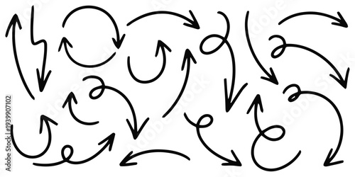 Black and white abstract arrows and loops on white background