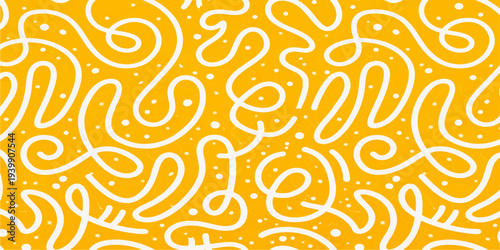 A seamless vector pattern features abstract orange and yellow floral swirls and circular shapes in a vintage retro style, creating a decorative wallpaper texture and artistic backdrop ornament