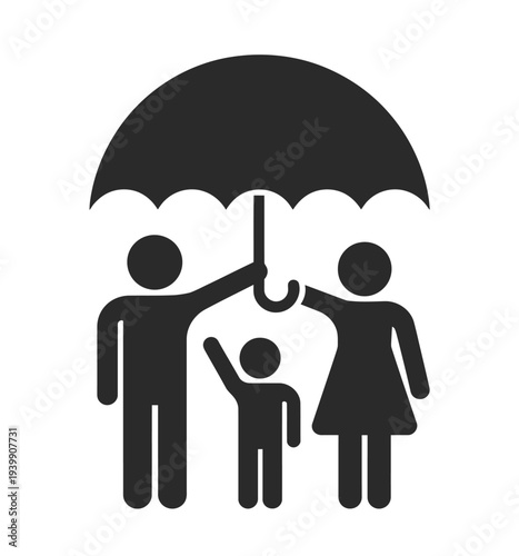 Black and white of a family with an umbrella protection