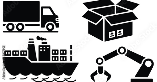 Black and white of truck, box, ship, and robotic arm