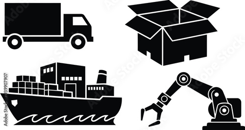 Black and white of truck, shipping container, cargo ship, and robotic arm