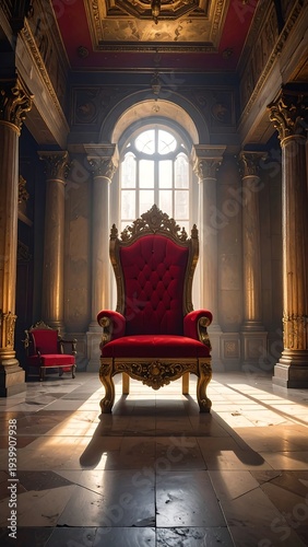 A luxurious red throne chair in a grand hall with large windows